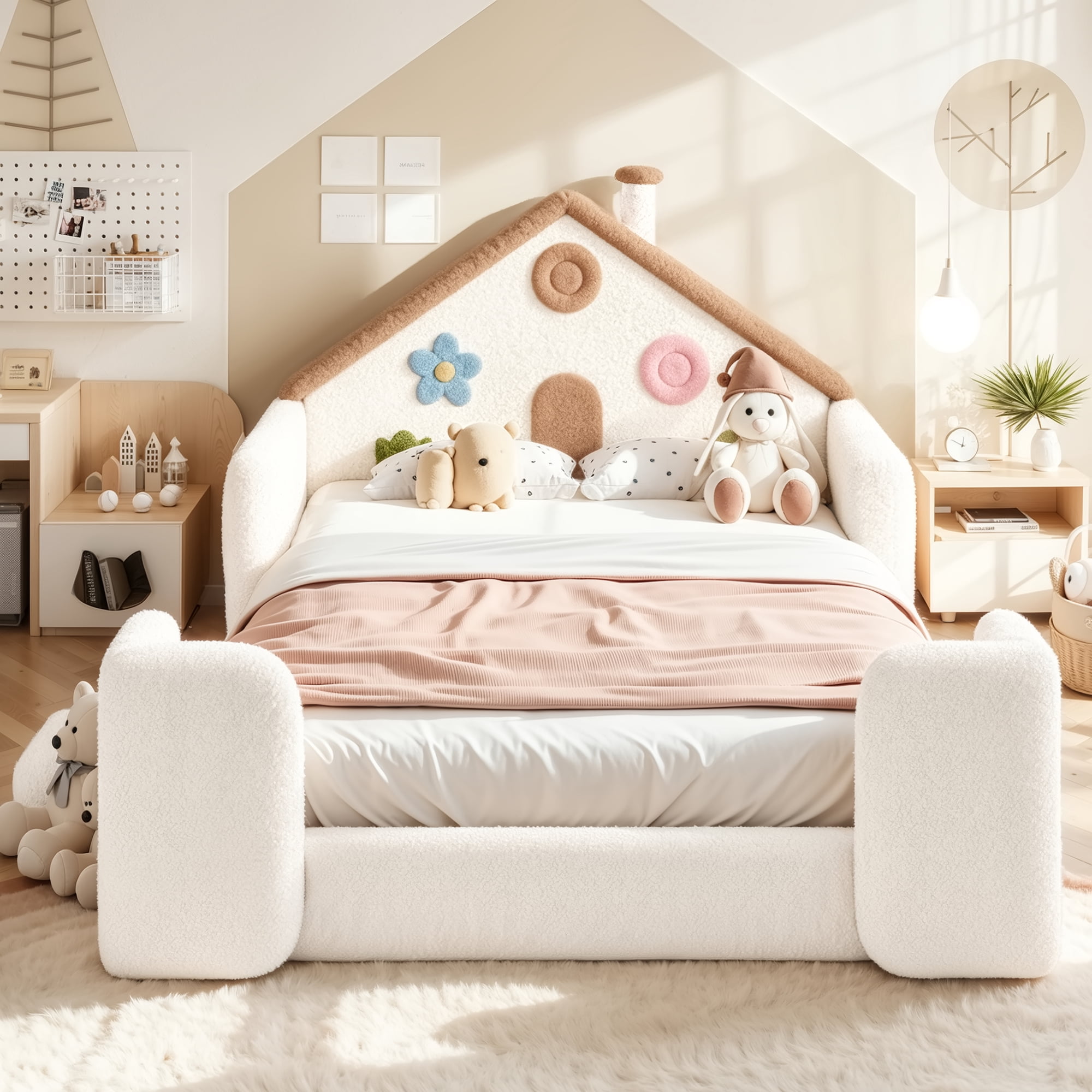 HOQBN Full House Shaped Upholstered Floor Bed, Upholstered Kids Bed with Safety Side Rails, Low Floor Playhouse Bed for Nursery & Kids Bedroom Beige & Natural
