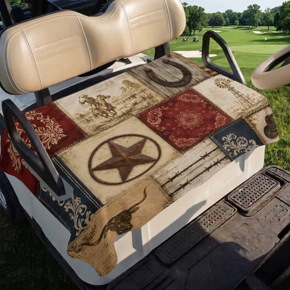 Western Patchwork Golf Cart Seat Covers, Rustic Farmhouse Cowboy Horseshoe Windmill Star Soft Breathable Club Car Golf Cart Cover Towel Blanket for 2 Seater Accessories 51x31in