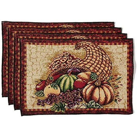 

Fall Harvest Collection-Tapestry Cornucopia with Pumpkins and Fruits Design Set of 4 Placemats 13 x 19