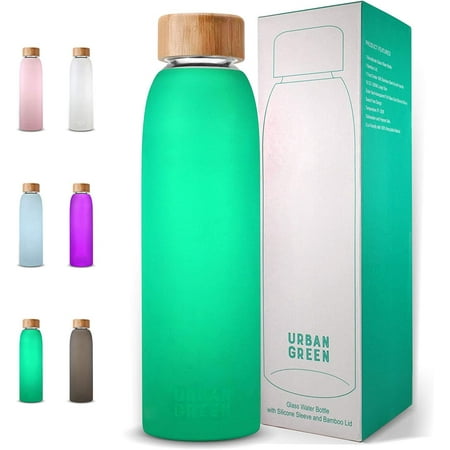 

Glass Water Bottle with Protective Silicone Sleeve and Bamboo Lid Urban green 18oz 1extra 304 Stainless Steel Lid with Handle BPA Free Dishwasher Safe Best gift