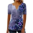 thumbnail image 3 of CFLVAEK Summer Shirts for Women Plus Size Loose Short Sleeve Pleated Blouse Tops Comfy Button Up Tunic Blouses Elegant Flower Graphic Shirt Purple XXL, 3 of 6