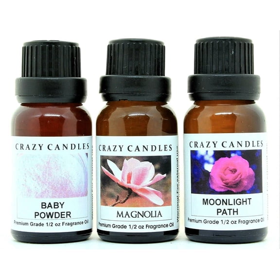 Crazy Candles 3 Bottles Set, 1 Baby Powder, 1 Magnolia, 1 Moonlight Path 1/2 Fl Oz Each (15ml) Premium Grade Scented Fragrance Oils