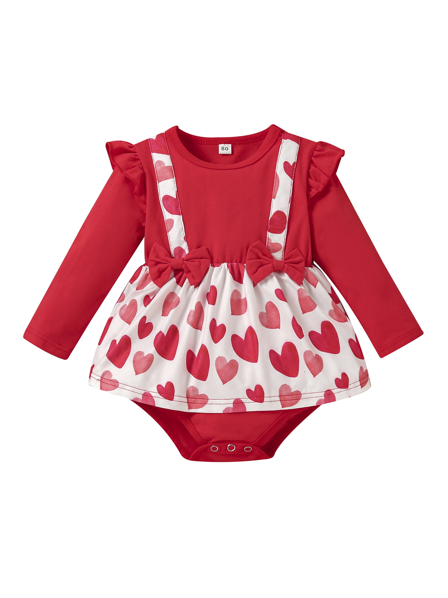 Toddler Baby Girls Romper Dress Heart Print Ruffle Long Sleeve Girls Valentine's Day Jumpsuits