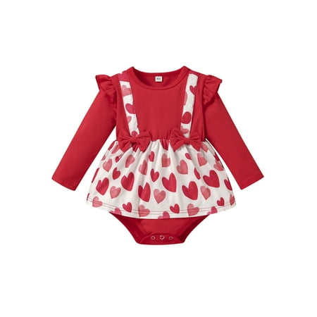 

Thaisu Baby Girl Romper Dress Sweet Casual Heart Print Ruffle Long Sleeves Patchwork Jumpsuits
