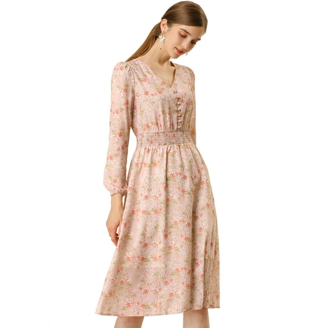 INSPIRE CHIC Robe Midi à Manches Longues Évasée à Col en V à Imprimé Floral pour Femme