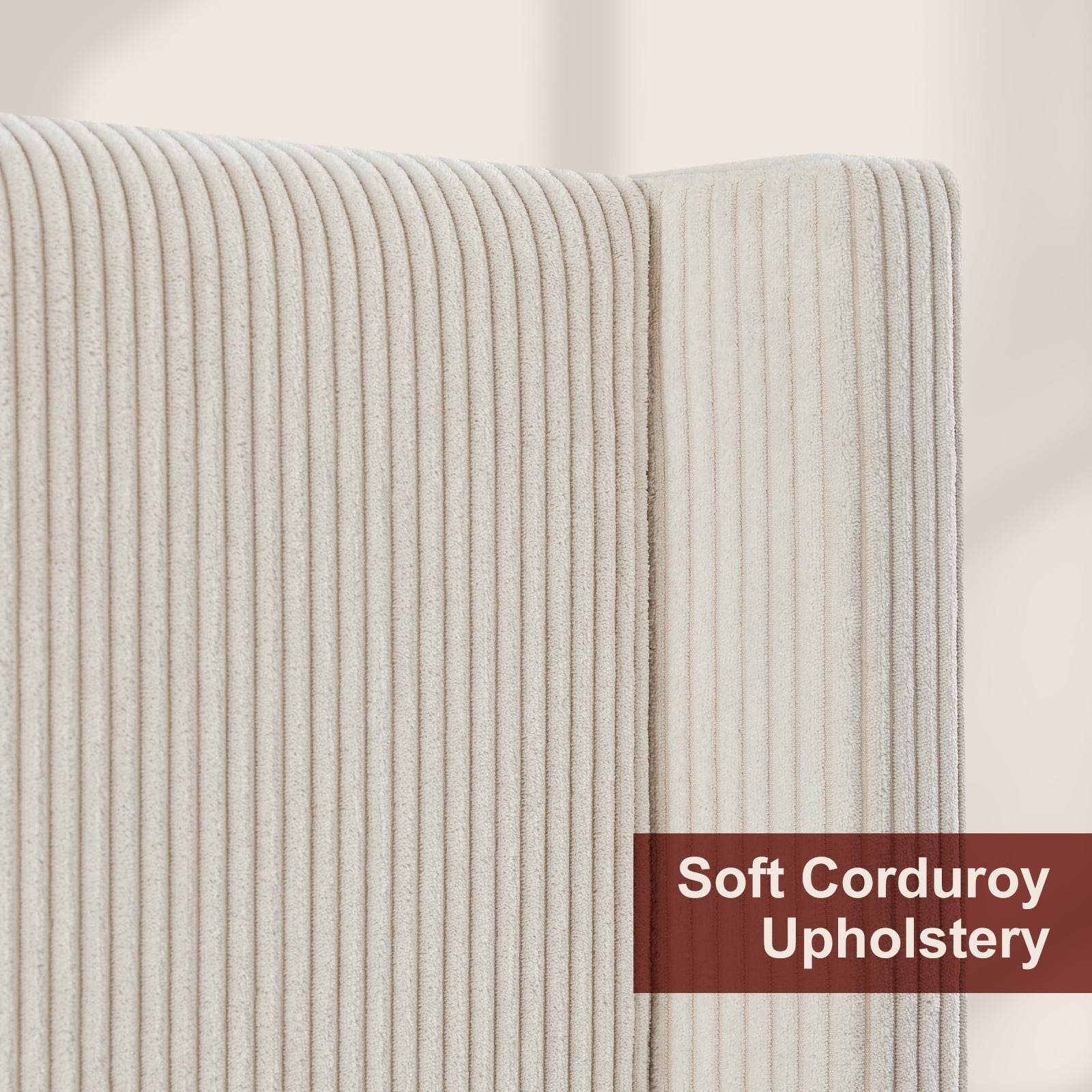 VanAcc Queen Size 61" Corduroy Upholstered Bed Frame with Vertical Stripe Wingback Headboard/Cream