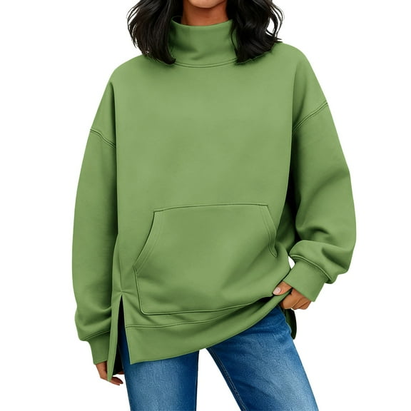 Women's Mock Neck Tunic Sweatshirt, Side Slit Hem Long Sleeve Pullover, Mid-Length Casual Top, Solid Color High Neck Blouse, Comfortable Stretch Knit Tunic for Women Green L