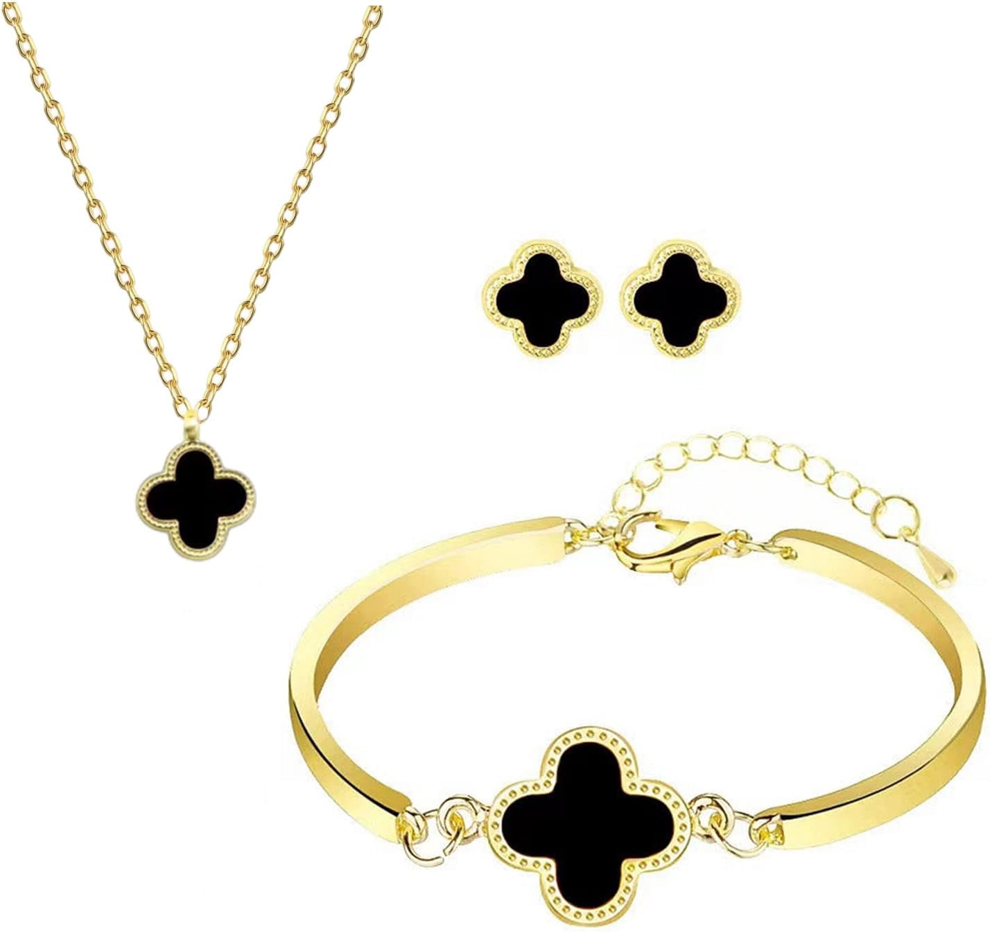 Parure Bijoux Trèfle 4 Feuilles Pour Femme - Collier, Bracelet, Boucles D'Oreilles - Plaqué Or 18K - Cadeau Porte-Bonheur