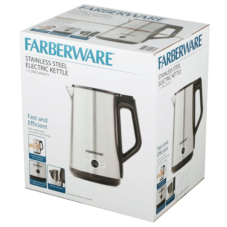 Farberware 1.7 Liter Electric Kettle, Double Wall Stainless Steel and Black