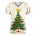 thumbnail image 4 of Women Christmas Scrub Tops Stretchy V-Neck Short Sleeve Cute Print Working Uniform Pull-On Tops with Pockets, L, 4 of 5
