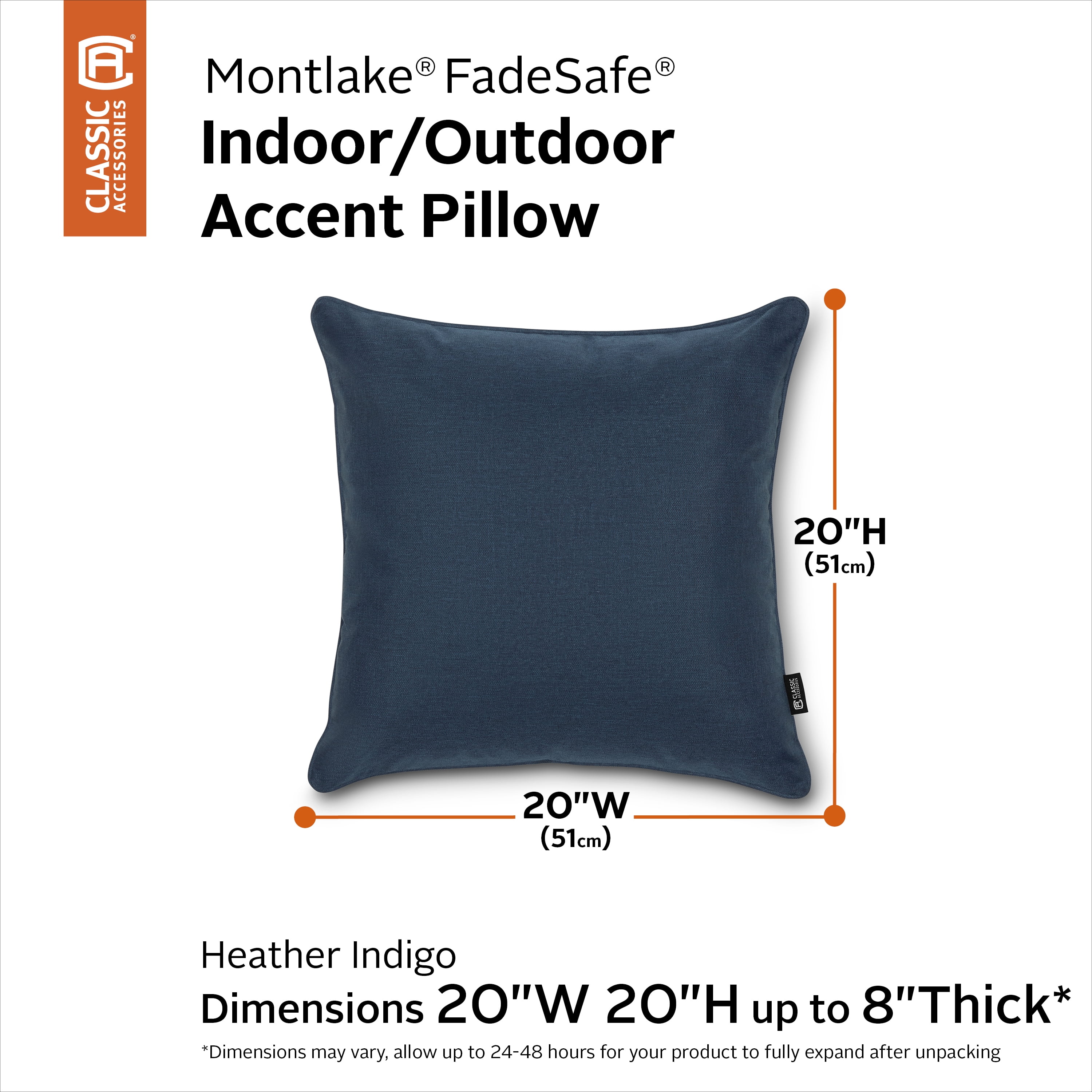 Classic Accessories Montlake FadeSafe Indoor/Outdoor Accent Pillows, 20 x 20 x 8 Inch, 2 Pack, Heather Indigo