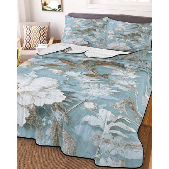 Light Blue White Floral Twin XL Size Down Alternative Comforter, Lightweight Comforter Quilt Bedding Set with Pillow Shams Retro Botanical Flower All Seasons Bed Comforter Duvet Insert 68"x98"