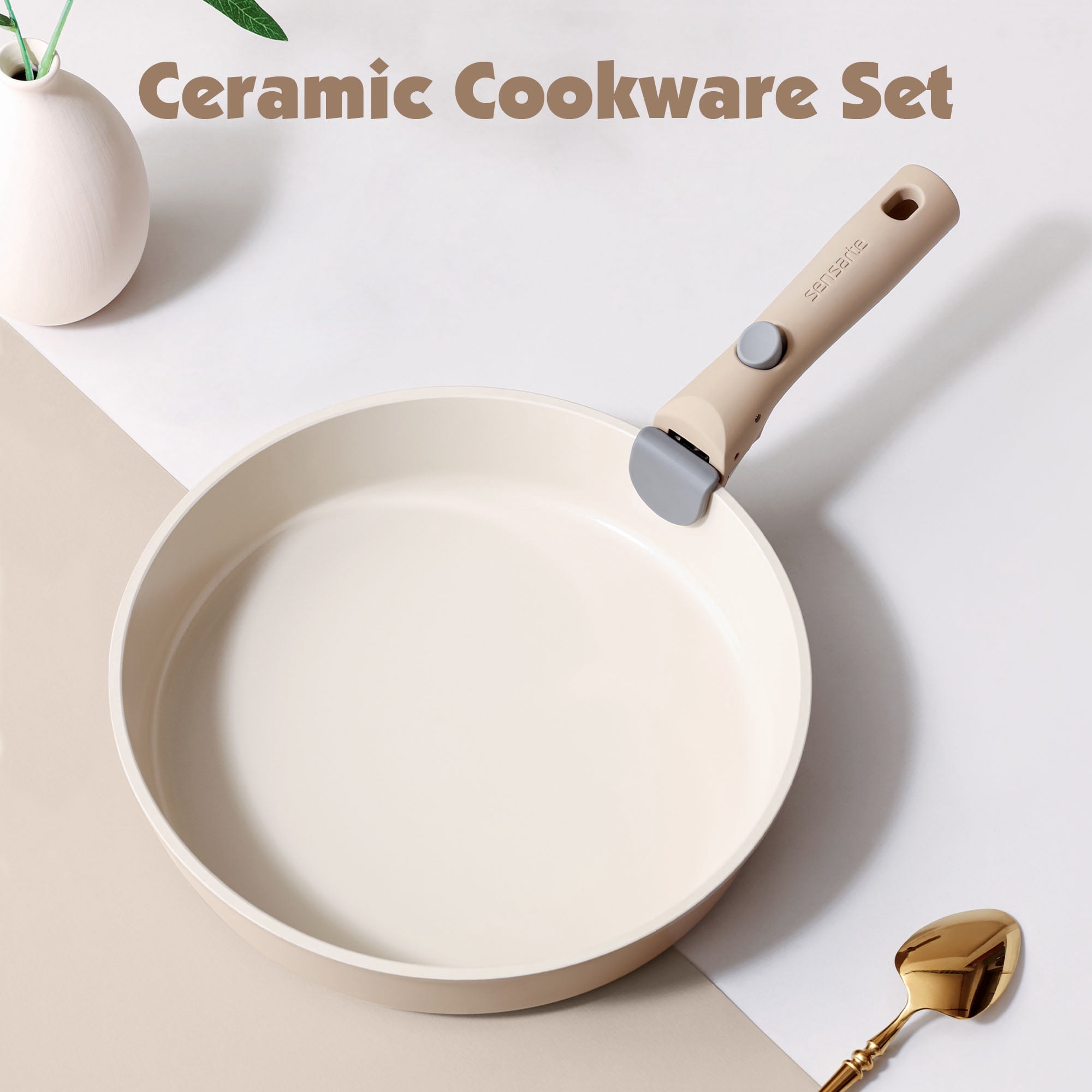 SENSARTE 18-Piece Ceramic Cookware Set with Detachable Handle, Almond Beige Nonstick Pots and Pans Set,Induction Compatible, Dishwasher/Oven Safe, Healthy Cooking Set for RV & Camping