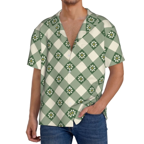 Fotbe Daisy Plaid Green Camisa Estampada de Manga Corta para Hombre, Casual de Verano, Estilo Playero, Sin Arrugas-X-Large