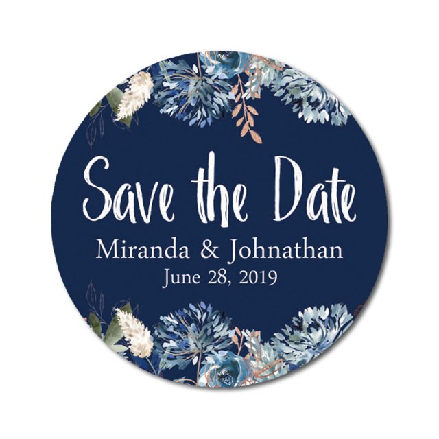 Darling Souvenir Round 45 Pcs Floral Border Save The Date Stickers Wedding Personalized Bride Groom Names And Date Envelope Seals - Navy Blue