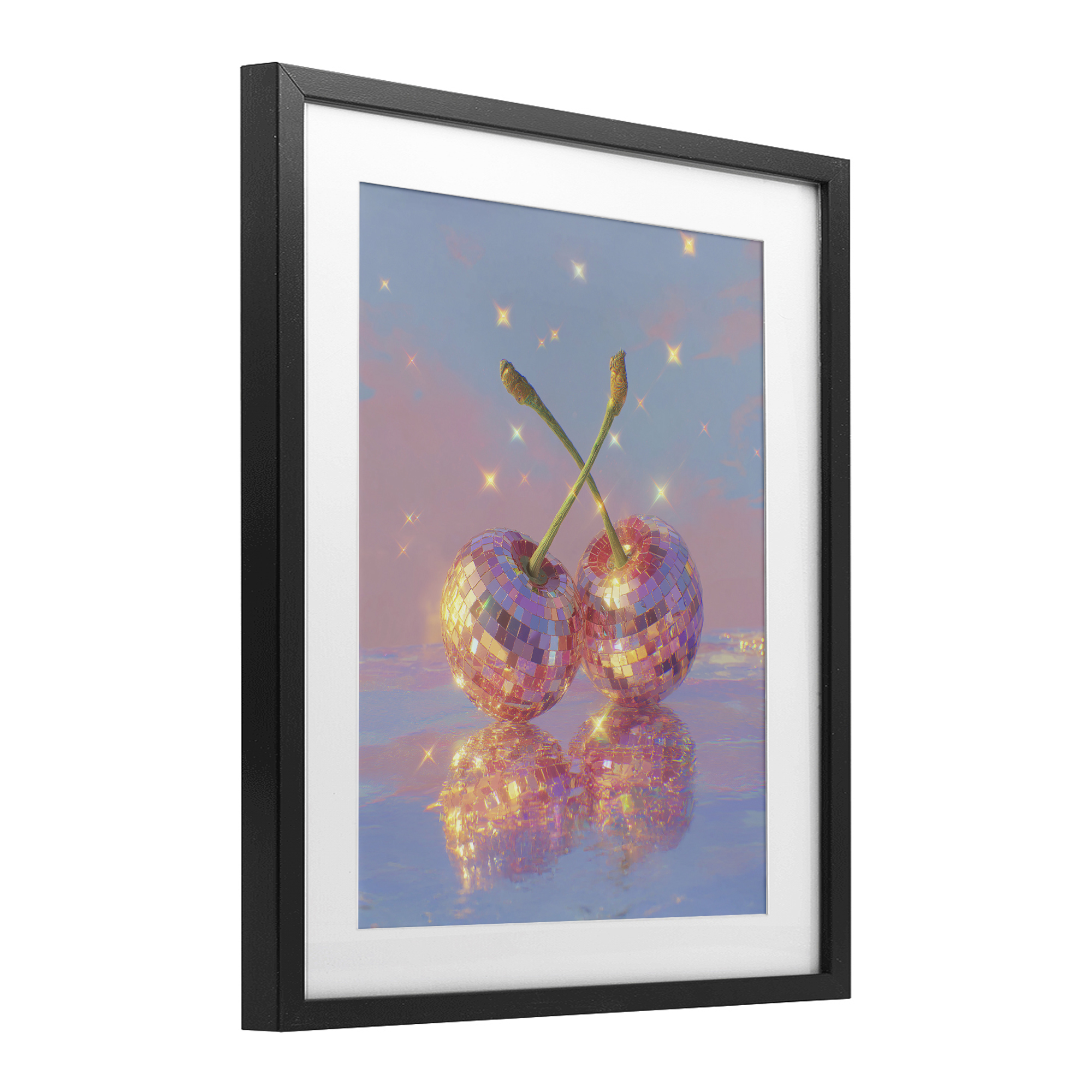 Disco Cherry Reflection Black Framed Print Under Glass, design by Ziwei Li