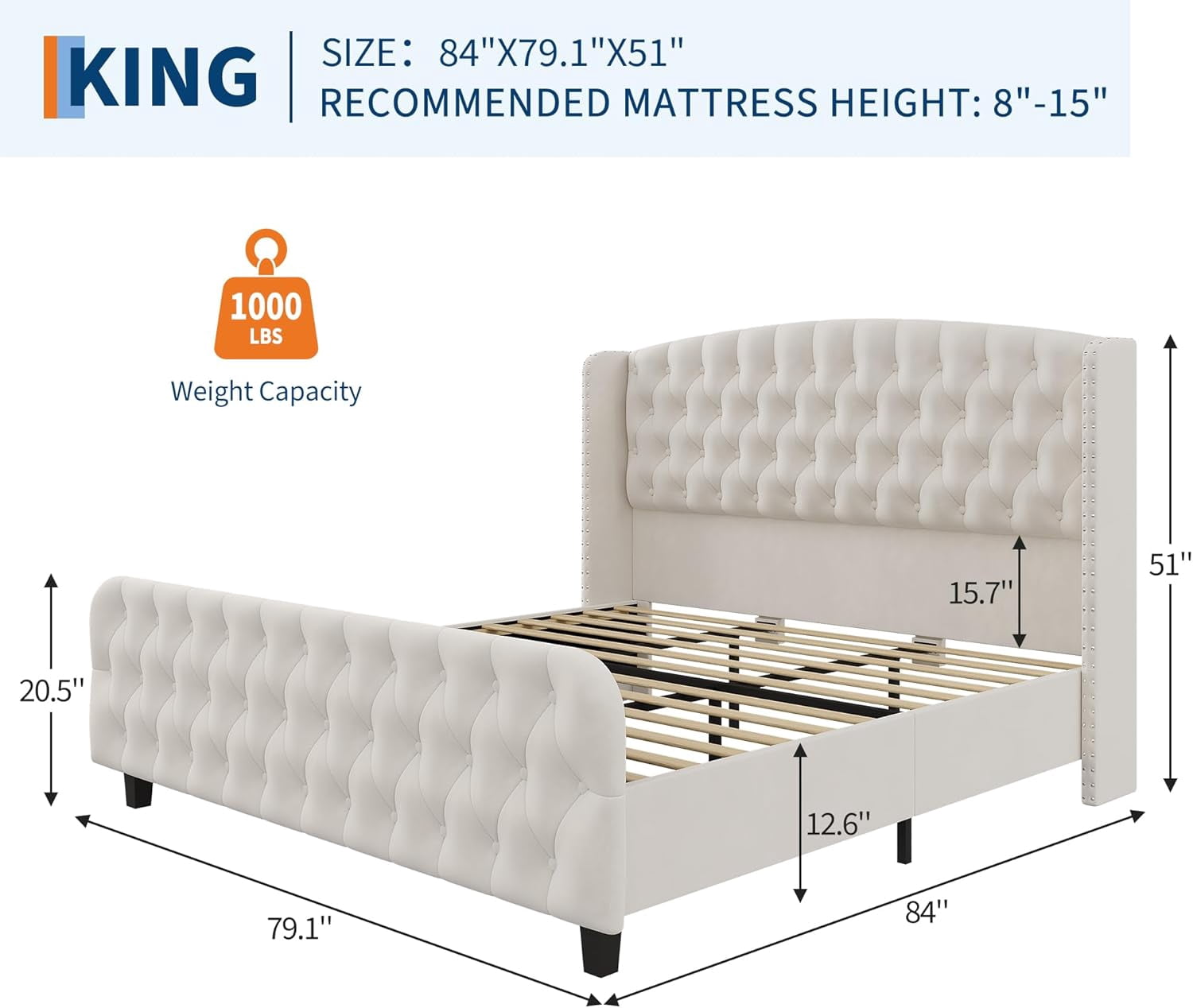 TEQIN Queen Size/King Size Platform Bed Frame, Upholstered Bed Frame Tufted Wingback Headboard and Footboard/No Box Spring Required,Easy Assemble