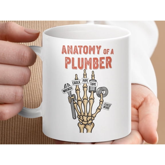 Funny Plumber Mug: Anatomy Joke Skeleton Hand Coffee Cup, Construction Worker Gift
