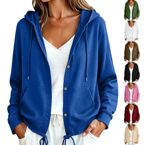 Women Button Hooded Sweatshirt Jacket Soft Lightweight Hoodies Cardigan with Drawstring Hem Side Pockets Loose Fitting Casual Daily Outwear Blue M