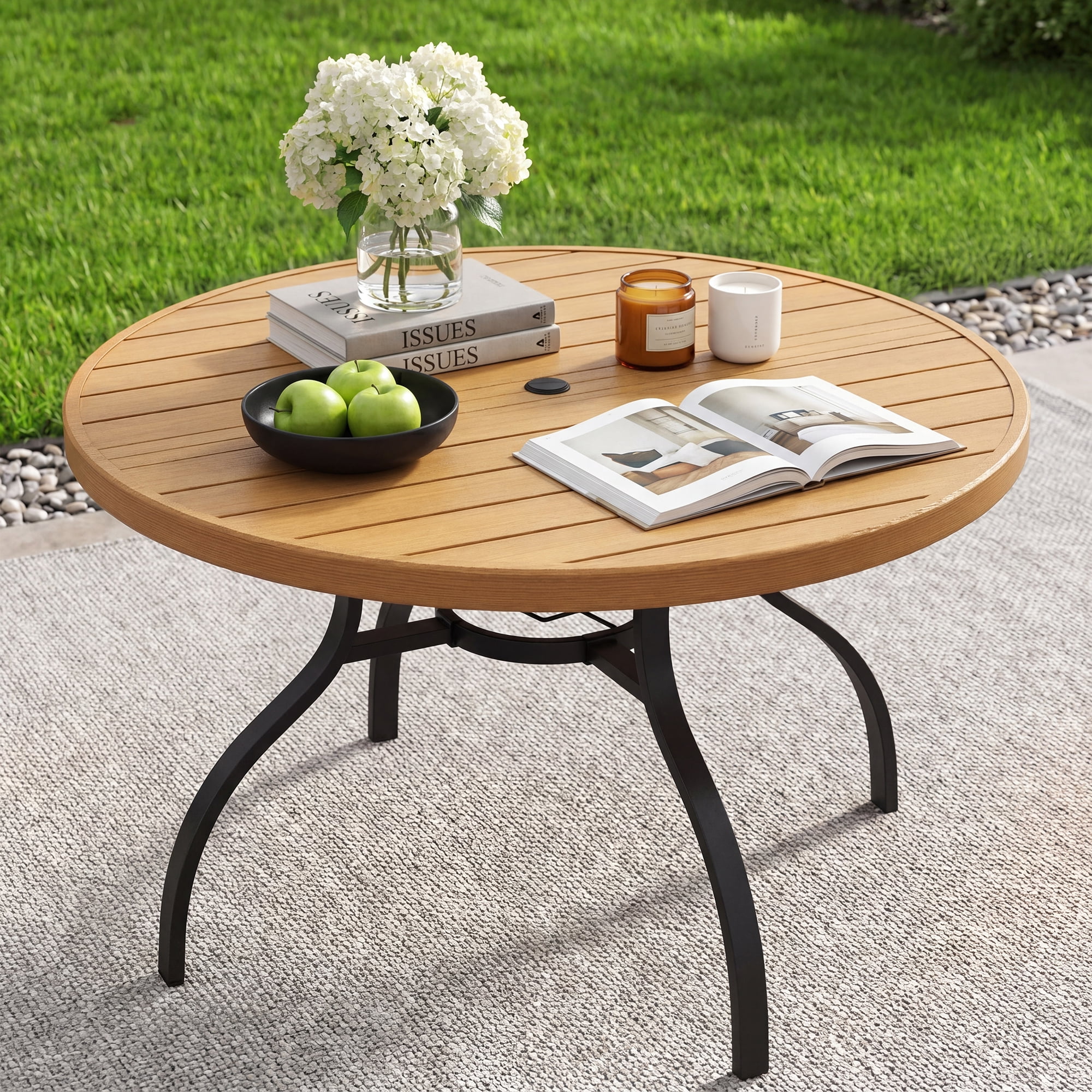 47 Inch Round Dining Table, Natural Steel Frame