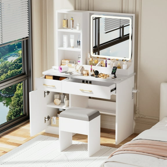 Makeup Vanity Set with Mirror and Lights, White Vanity Table with 3 Storage Compartments,Comfortable Bench,3 Color Modes & Adjustable Brightness Dressing Table for Bedroom