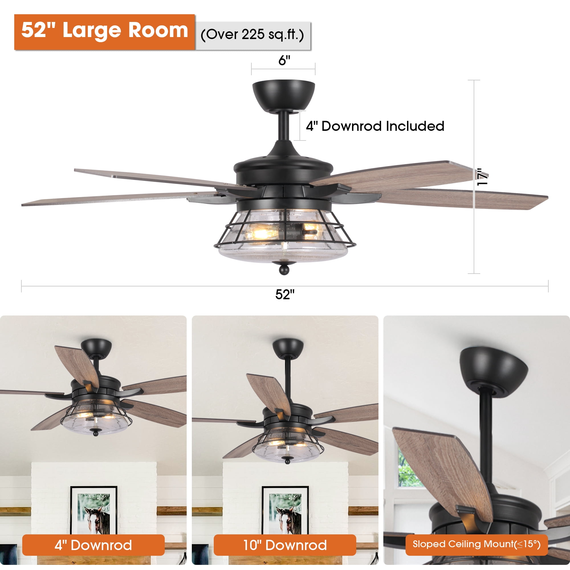 Parrot Uncle 52" Rustic Black Caged Ceiling Fan with Lights and Remote Control, Glass Shade Chandelier Ceiling Fan