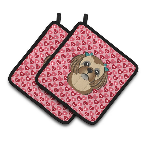 Caroline's Treasures Chocolate Brown Shih Tzu Hearts Pair of Pot Holders