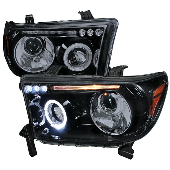 Single Halo Projector Headlights (Black Housing/Smoke Lens) Made for and Compatible with 2007-2013 Toyota Tundra/ 2008-2017 Sequoia