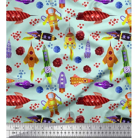 Soimoi Cotton Voile Fabric Rocket,Planet & Astronaut Cartoon Fabric Prints by Yard 56 Inch Wide