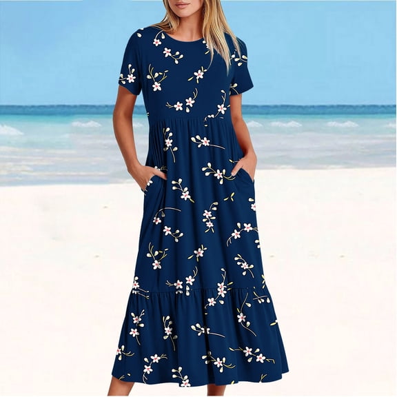 gljltg Women's Casual Flower Print Tiered Maxi Dress with Pockets, Polyester Spandex Lightweight Breathable Summer Winter, Beach Travel Work Party Outfit, Easy Care Washable