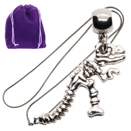 Silver Color Dinosaur Skeleton Pendant Necklace for Adults, Shiny Statement Jewelry with Chain and Gift Pouch, Quirky Dinosaur Decor Accessory for Museum Lovers