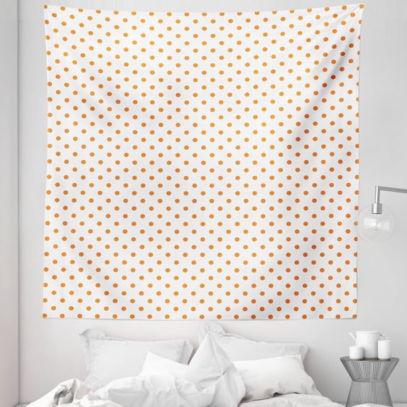 Orange Tapestry, Little Orange Polka Dots on Blank Backdrop Spotted Tile Pattern Retro Style Print, Fabric Wall Hanging Decor for Bedroom Living Room Dorm, 5 Sizes, Orange White, by Ambesonne