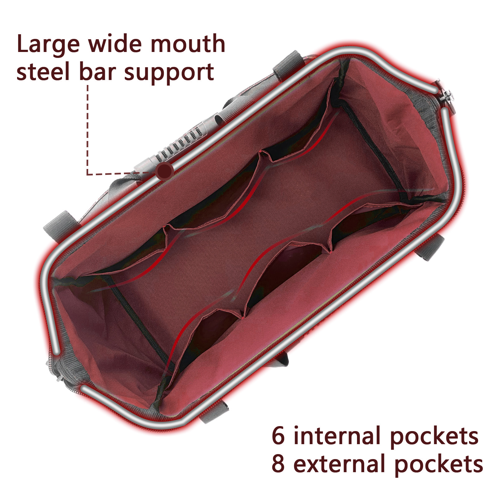 Yongzhenlite Garden Tools Bag, 16 Inch Wide Mouth Tool Tote with Molded Base and Multi-Pockets for Men, Heavy Duty 600D Polyester Fabric (Pink Color)