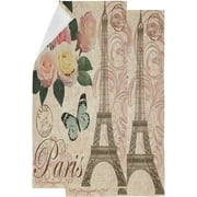 Bestwell Romantic Vintage Paris Eiffel Tower Butterfly 2 Set Soft Fluffy Guest Home Decor Hand Towels, Multipurpose for Bathroom, Hotel, Gym and Spa (14" x 28")