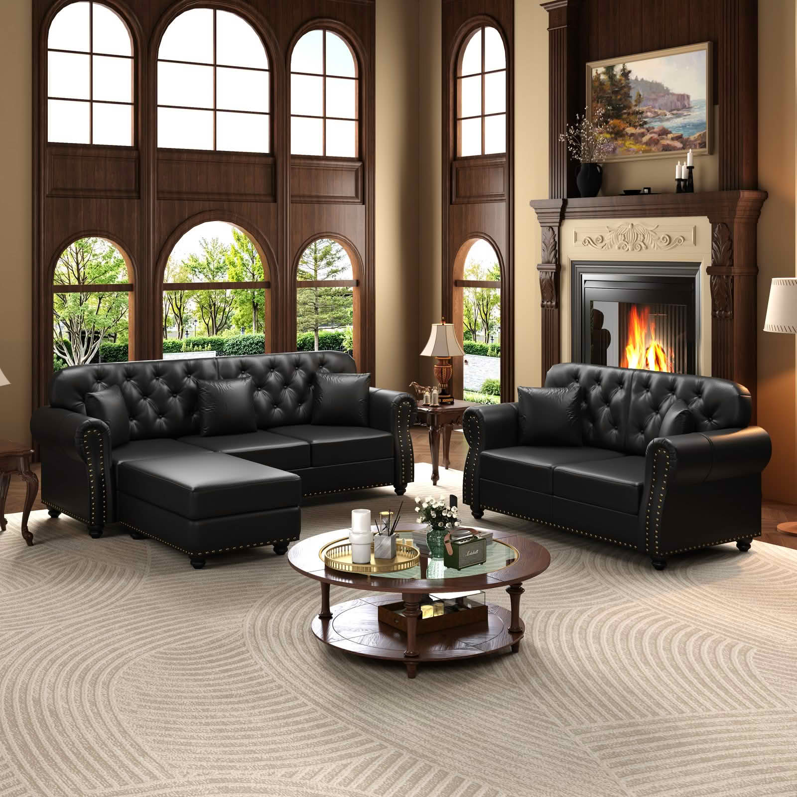 MAYEERTY Mid‑Century Modern Chesterfield Sofa Set, Faux Leather Upholstered 2+3 Seater Combination Couch with Button Tufted, Nailhead Trim & Rolled Armrests, Includes 5 Pillows