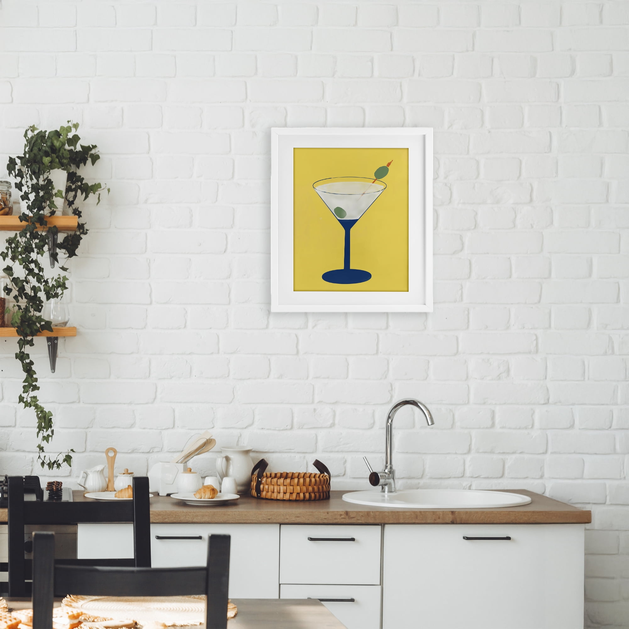Stupell Industries Martini Glass over Yellow White Framed Print Under Glass, design by Robin Maria