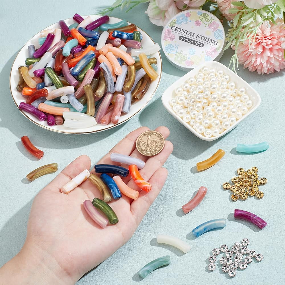 440Pcs Curved Tube Beads Kit Including 180Pcs Acrylic Tube Beads 60Pcs Brass Rhinestone Spacer Beads 200Pcs Acrylic Pearl Beads Elastic Thread for Jewelry Making colorful