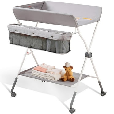 KFFKFF Infant Changing Station, Collapsible Diaper Table with Secure Wheels, Movable Changing Area with 3 Height Options, Includes Storage Basket & Side Racks for Babies