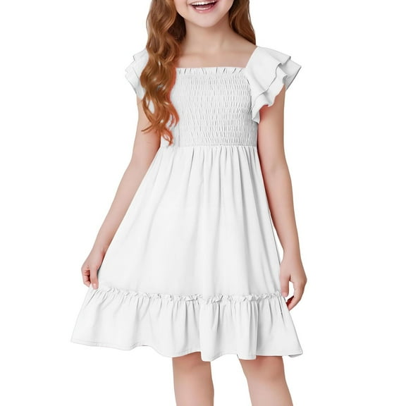 Kovlvoll Summer Dress Girls Clothes Ruffled Short Sleeve Pleated Square Neck A-Line Fashion Dresses for Middle Girl