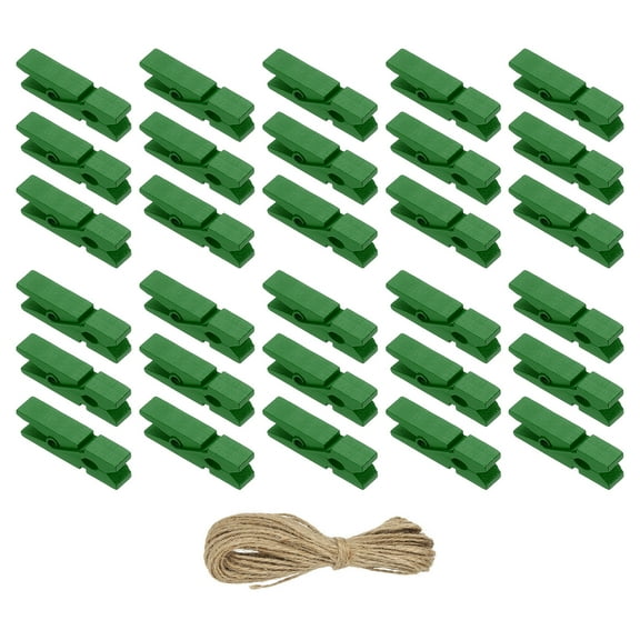 Uxcell 1.4" Wooden Colored Clothes Pins, 100Pcs Mini Colorful Wooden Clothes Clips with 32Ft Jute Twine Strong Grip Photo Clips for Pictures Hanging Clothes Decorative Crafts, Green