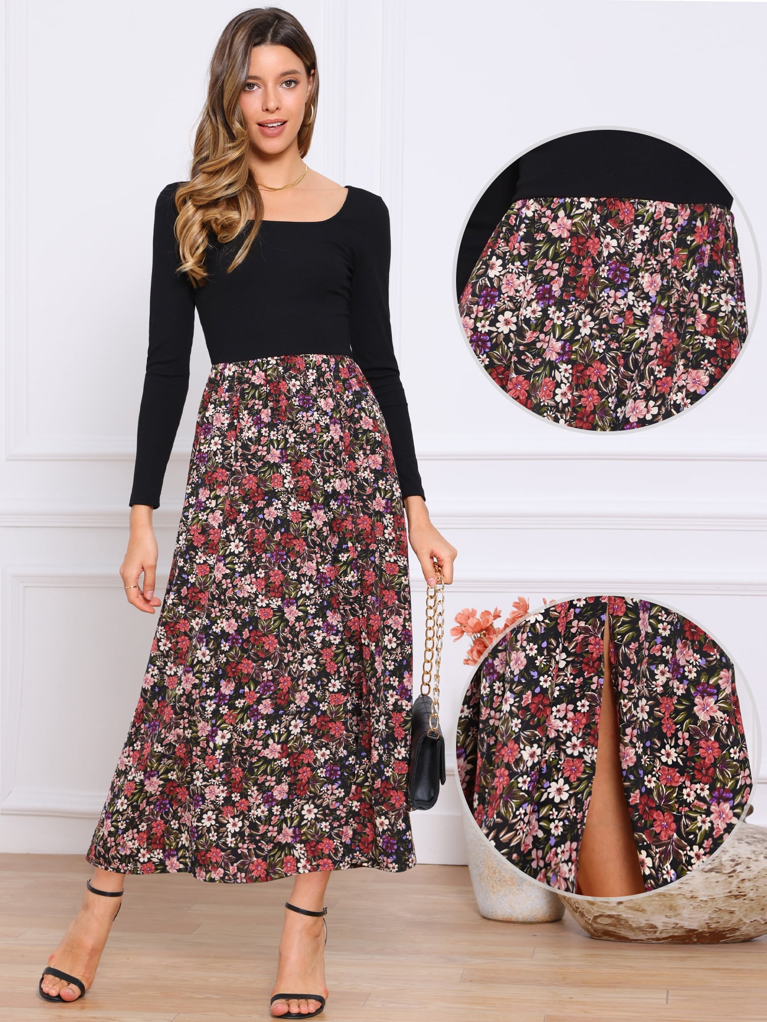 DARING DIVA Maxi Swing Long Sleeve Square Neck Floral Cocktail Dress M Black Red