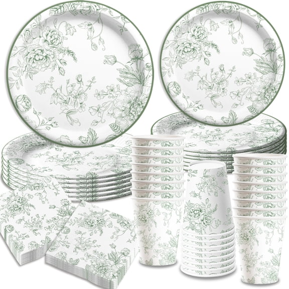 96Pcs Sage Green Disposable Tableware Set Green Floral Paper Plates Napkins Cups  Chinoiserie Vintage Flower Party Supplies for Wedding Birthday Baby Shower Tea Party Serves 24