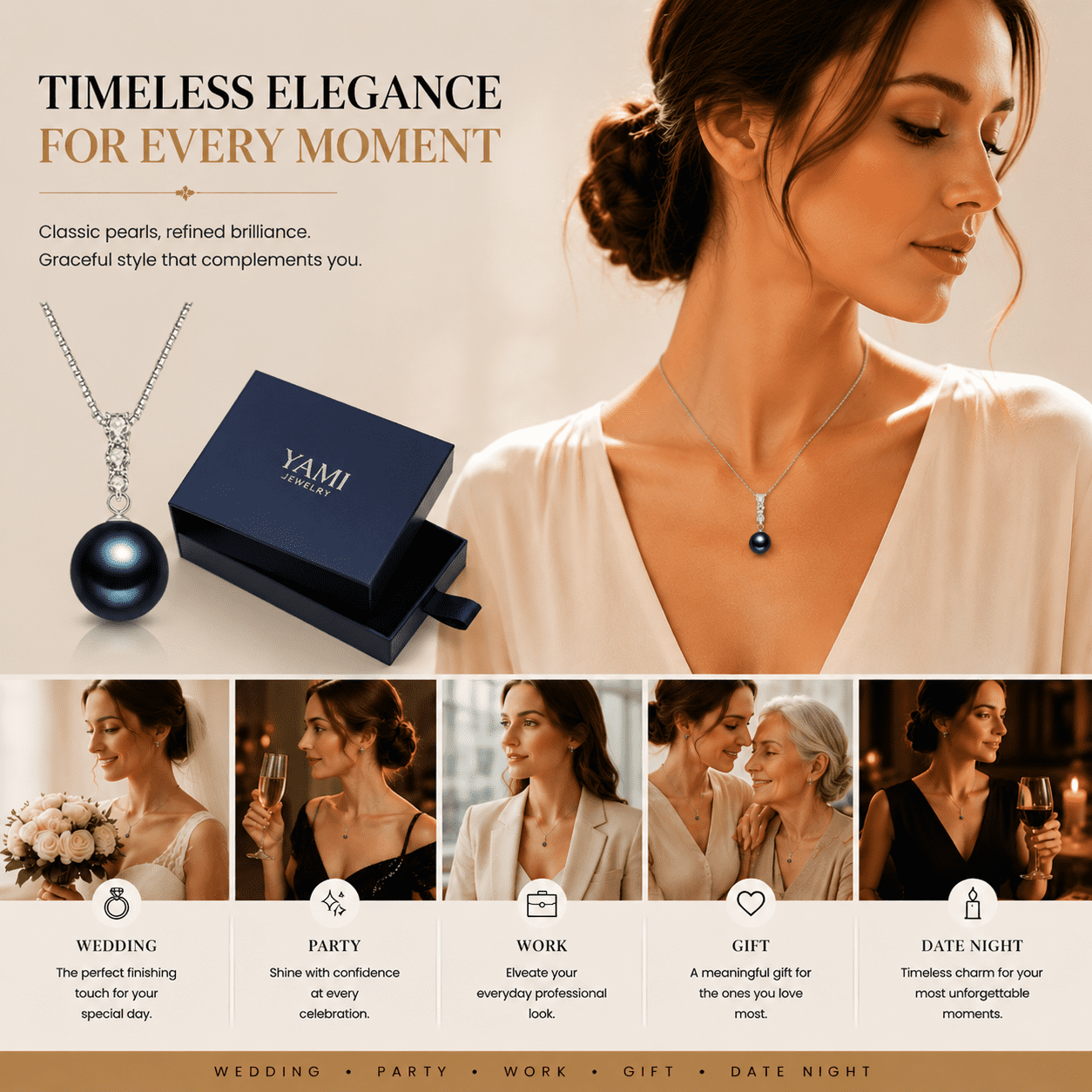 YAMI Tahitian Black Pearl Pendant Necklace, 12-13mm, 925 Sterling Silver, Adjustable 18+2in Chain