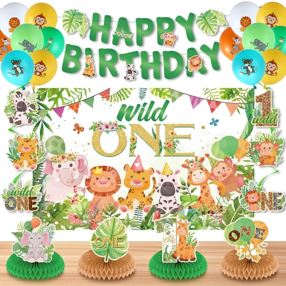 Wild One Birthday Safari Jungle KKS1 1st Birthday for Kids Wild One Backdrop Banner Jungle Animal Balloons Table Honeycomb Centerpieces Hanging Swirls First Birthday Party Supplies