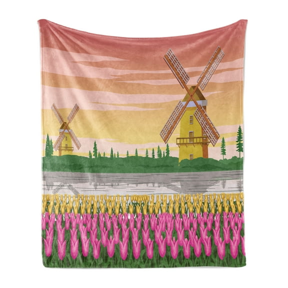 Amsterdam Soft Flannel Fleece Throw Blanket, Colorful Botanical View of Bi-color Tulips and Windmills Cultural Elements, Cozy Plush for Indoor and Outdoor Use, 50" x 70", Multicolor, by Ambesonne