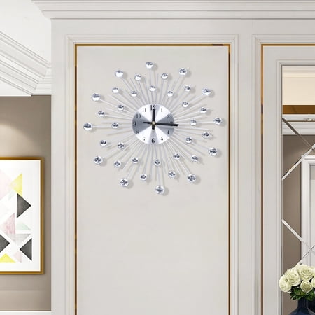 Modern Crystal Wall Clock, Silent Non-Ticking Wall Clock, Elegant Aluminum Decorative Round Battery Operated Clock for Living Room, Bedroom, Office Decor, Silver