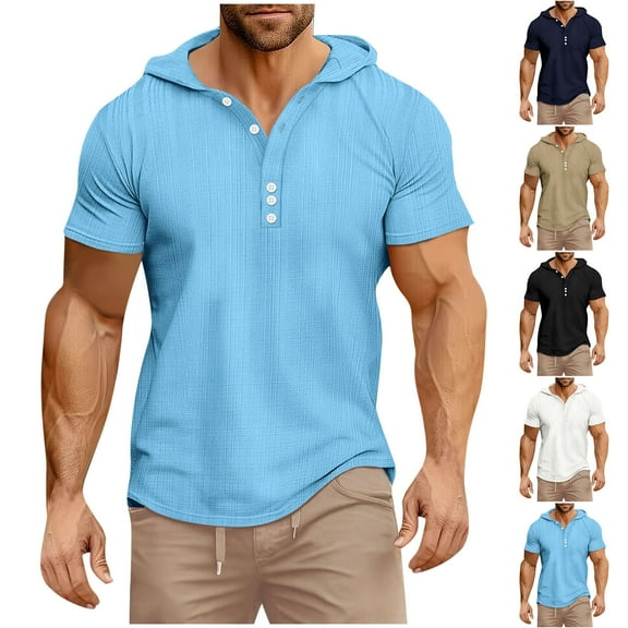 Ashirexll Hoodies for Men, Big and Tall Shirts for Men, Summer Exercise Fitness Fashion Casual Button Short Sleeve Hooded Shirts