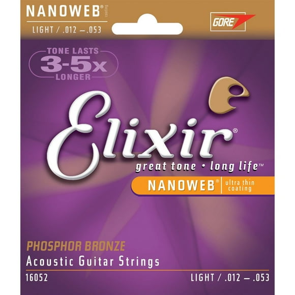 Elixir 16052 Phosphor Bronze Nanoweb Coating Acoustic Guitar Strings Light 12-53 (2 Pack)