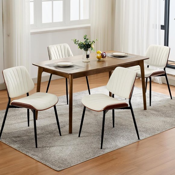 Dining Chairs Set of 4, Mid-Century Modern Upholstered Retro PU Leather Kitchen Chairs with Walnut Bentwood Back and Metal Legs Adjustable Feet for Kitchen Dining Room, White Shell Strips
