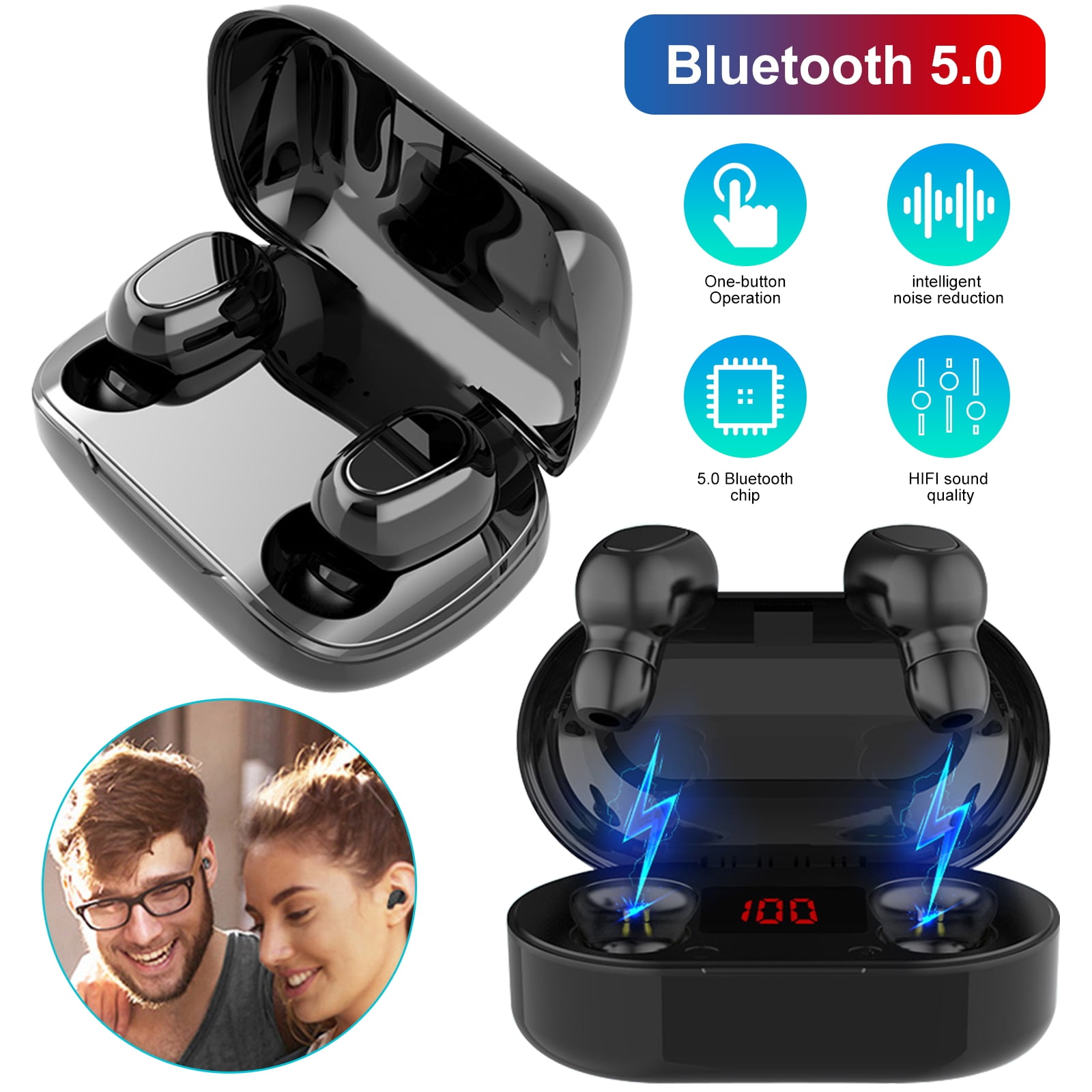 Bluetooth 5.0 Wireless Earbuds with Charging Case Headphones in Ear Built in Mic Headset 3D Stereo Sound Earphones with Deep Bass for Workouts Sport Gaming, Compatible with iPhone Android Samsung
